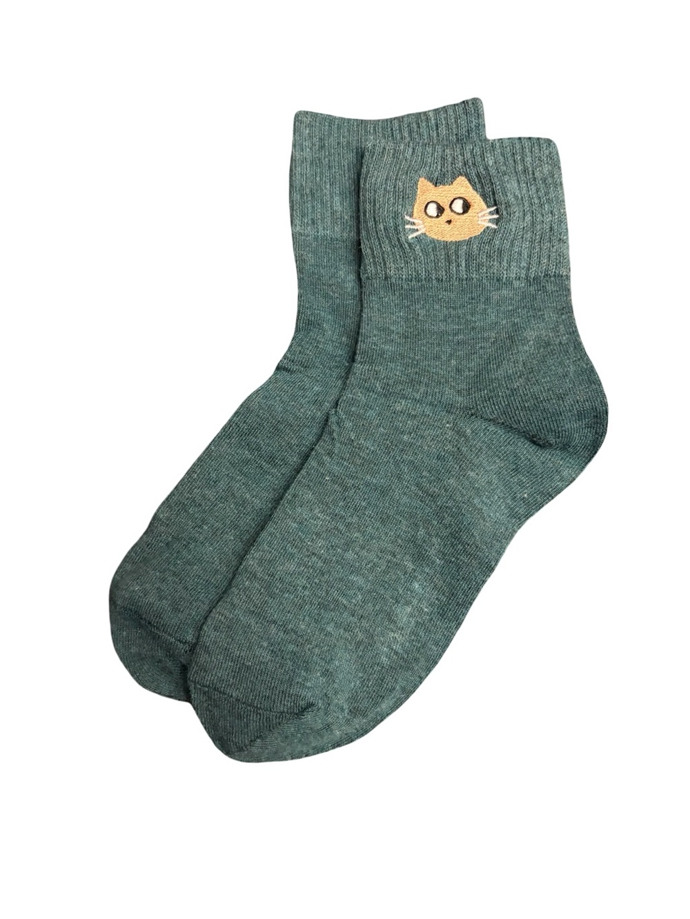 Cute Cat Embroidered Low Crew Socks Gark Teal Green Womens One Size